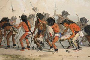 Buffalo Dance részlet, kocsma. 1845-ös színes litográfia. alkotó: George Catlin