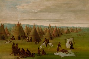 Comanche Village, Női köntös és hússzárító, 1834-1835. alkotó: George Catlin