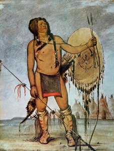Comanche harcos pajzzsal, lándzsával, íjjal és nyílvesszőkkel, 1835 körül (színes litó) alkotó: George Catlin