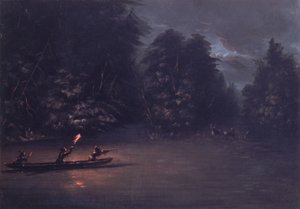 Szarvasvadászat fáklyafényben kéregkenukban, 1846-1848. alkotó: George Catlin