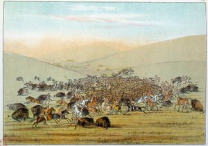 Amerika indiánjai: indián miniatűrök, akik lándzsával vadásznak bivalyra. Illusztráció: George Catlin (1794-1872) alkotó: George Catlin