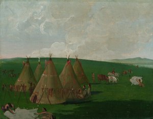 A Missouri felső folyásánál táborozó sziúk, bölényhús és köntösök öltöztetése alkotó: George Catlin