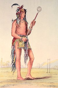 Ah-No-Je-Nange sziú labdajátékos, „Aki mindkét oldalon áll” (kézzel színezett litó) alkotó: George Catlin