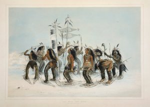 The Snow Shoe Dance, kocsma. 1845-ös színes litográfia. alkotó: George Catlin