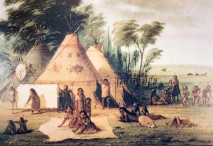 Az észak-amerikai sziú törzs faluja (színes litho)