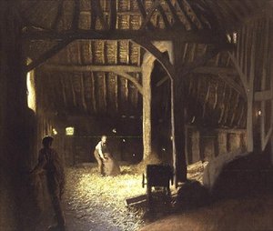 Pajta belseje dolgozó fiúkkal alkotó: George Clausen