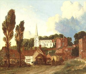 Harrow látképe, a Szent Mária-templommal, a régi iskolaépülettel és udvarral