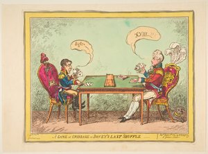 A Game of Cribbage vagy Boneys Last Shuffle, 1814. június 6. alkotó: George Cruikshank