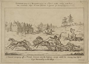 Egy paraszt, aki egy francia ágyút vitt be az orosz táborba, miközben az ellenség elhagyta, hogy portyázzon a faluban, 1813. június 8-án alkotó: George Cruikshank