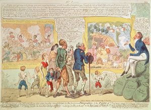 "Az ország virágzó állapotának erős bizonyítéka a Jóreménység-fokára tervezett kivándorlás példája!" alkotó: George Cruikshank