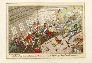 Érdekes jelenet egy kelet-indiai hajó fedélzetén, amely egy erős lökés hatásait mutatja, 1818-as kiadás (színes metszet) alkotó: George Cruikshank