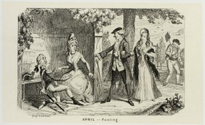 Április - Bolondozás George Cruikshank acélmetszeteiből a The Comic Almanacks című kötetbe: 1835-1853 alkotó: George Cruikshank