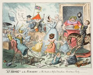 Otthon az óvodában, vagy „A mesterek és kisasszonyok két cipős karácsonyi partija”, 1835 (kézzel színezett metszet) alkotó: George Cruikshank