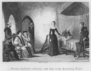 Gardiner püspök konferencia Jane-nel a Beauchamp-toronyban (metszet) alkotó: George Cruikshank