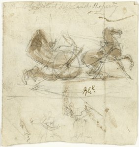 Önarckép karikatúra (recto); Ló által ledobott fülke, más vázlatokkal (verso) alkotó: George Cruikshank