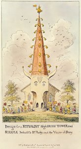 Ritualista Magastemplom-torony és -torony terve, Dr. Puseynek és Bray helytartójának szentelve, 1868 (nyomtatás) alkotó: George Cruikshank