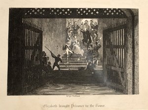 Erzsébet rabot hozott a Towerbe, a londoni Towerből, kocsmából. 1840 alkotó: George Cruikshank