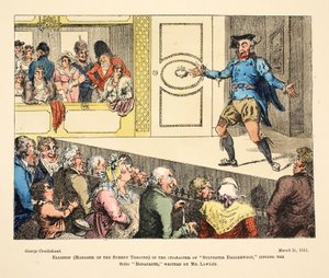 Elliston (a Surrey Színház menedzsere) „Sylvester Daggerwood” karakterében, aki a „Bonaparte” című dalt énekli, amelyet Mr Lawler írt, pub. 1811 (kézzel színezett metszet) alkotó: George Cruikshank