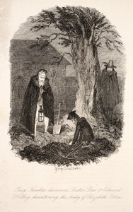Guy Fawkes felfedezte, hogy Doktor Dee és Edward Kelley feltárják Elizabeth Orton holttestét, Guy Fawkes illusztrációja, avagy a puskaporárulás: történelmi románc, William Harrison Ainsworth, pu. alkotó: George Cruikshank