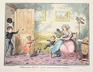 Hazatérés az iskolából vagy a szünidő kezdete pub. 1835 (kézi színes metszet) alkotó: George Cruikshank