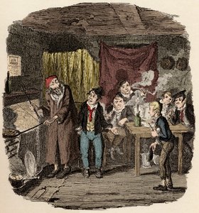 Londonban Jack Dawkins, akit Rókának hívnak, Olivert ajándékozza Faginnak és malfratjainak - Oliver bemutatta a tekintélyes öregúrnak - Illusztráció az „Oliver Twist”-hez (Olivier) (Twist Oliver kalandjai), Charles Dickens (1812-1870) , szerző: Ge