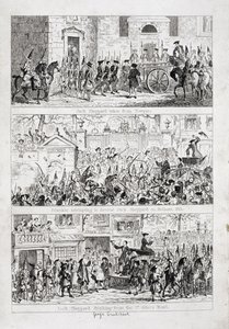 Jack útja Newgate-től Tyburnig, illusztráció William Harrison Ainsworth „Jack Sheppard: A romance” című művéből, 1839. alkotó: George Cruikshank