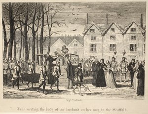Jane férje holttestével találkozik az állványhoz vezető úton, a Tower of London pubjából. 1840 alkotó: George Cruikshank