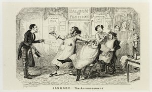 Január - George Cruikshank acélmetszeteinek bejelentése a The Comic Almanacks című laphoz: 1835-1853 alkotó: George Cruikshank