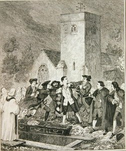 Jonathan Wild megragadja Jacket anyja temetésén Willesden Churchyardban, illusztráció William Harrison Ainsworth „Jack Sheppard: A románc” című könyvéből, 1839-ben (rézkarc) alkotó: George Cruikshank