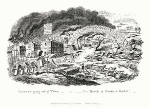 London Going Out of Town, avagy a tégla és habarcs márciusa (metszet) alkotó: George Cruikshank