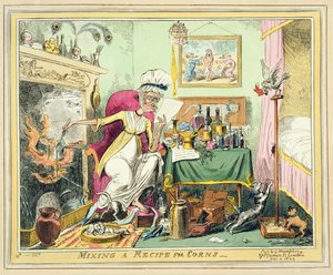 Mixing a Recipe for Corns, kiadó: G. Humphrey, London, 1822. december 4. (színes rézkarc) alkotó: George Cruikshank