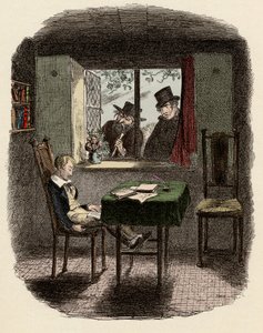 Szerzetesek és Fagin a Maylie-könyvtárban alvó Olivert megfigyelve – Szerzetesek és a zsidó – Illusztráció a „” Oliver Twist”-hez” (Oliver) (Twist Oliver kalandjai), Charles Dickens (1812-1870), George Cruikshank (1792-1878) ) . alkotó: George Cruikshank