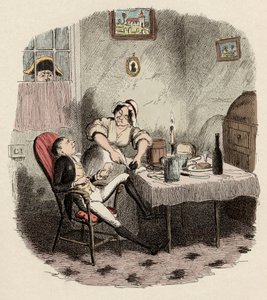 Monsieur Bumble megfigyeli Noe Claypole-t és Charlotte-ot - Mr Claypole, ahogyan megjelent, amikor a gazdája nem volt otthon - Illusztráció Charles Dickens (1812-1870) "Twist Olivér" (Olivier) (Twist Olivér kalandjai) című művéhez, George Cruikshank (1792- alkotó: George Cruikshank