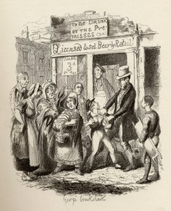 Oliver, akit szerető barátai állítanak, Charles Dickens (1812-70) „The Adventures of Twist” című könyvéből, 1838, Chapman und Hall, 1901 alkotó: George Cruikshank