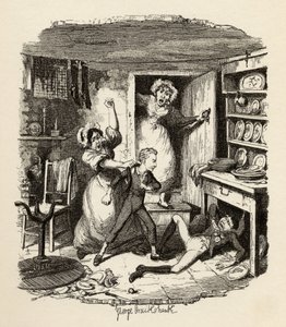 Oliver felkap egy szellemet Charles Dickens (1812-70) „The Adventures of Twist” című művéből, Chapman und Hall, 1901. alkotó: George Cruikshank
