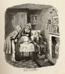 Oliver lábadozik a lázból, Charles Dickens (1812-70) „The Adventures of Twist” című könyvéből, Chapman und Hall, 1901. alkotó: George Cruikshank