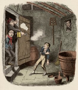 Olivert meglepte és megsebesítette a betörési kísérlet során – A betörés – Illusztráció a Charles Dickens (1812-1870), George Cruikshank (1792-1878) „” Oliver Twist”” (Olivier) (Twist Oliver kalandjai) számára. alkotó: George Cruikshank
