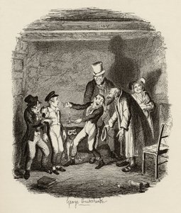 Oliver fogadása Fagin és a fiúktól, Charles Dickens (1812-70) „The Adventures of Twist” című művéből, 1838, Chapman und Hall, 1901 alkotó: George Cruikshank