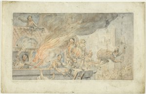 Égő épületből menekülő emberek alkotó: George Cruikshank