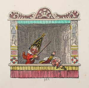 Punch és Judy a Punch and Judy pubból. 1827 (kézzel színezett metszet) alkotó: George Cruikshank