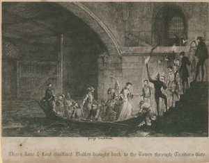 Queen Jane és Lord Guilford Dudley visszahozták a toronyba a Traitors Gate-en keresztül alkotó: George Cruikshank