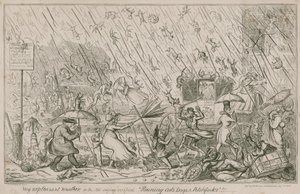 Eső macskák, kutyák és vasvillák alkotó: George Cruikshank