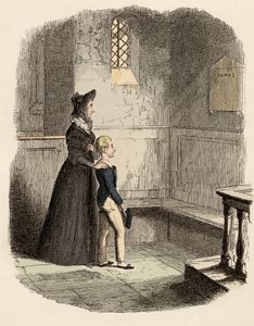 Rose Maylie és Oliver Ágnes, nővérük és édesanyjuk emléktáblája előtt – Rose Maylie és Oliver – Illusztráció: „” Oliver Twist”” (Olivier) (Twist Oliver kalandjai), Charles Dickens (1812-1870), szerző: George Cruikshank (179 alkotó: George Cruikshank