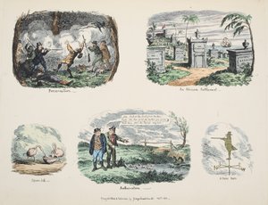 Töredékek és vázlatok: megőrzés, afrikai telep, kanálcsőrű, zavarás, lapátos ember, kocsma. 1831 (kézzel színezett metszet) alkotó: George Cruikshank