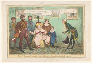 Spotprent op prinses Caroline, 1817 R-y-l Leereszkedés vagy egy külügyminiszter elképedve! alkotó: George Cruikshank