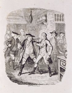 Squire Western megragadja Jones-t Uptonban, a „Tom Jones, az egy találó története” című filmből, a művész vésette, illusztráció a „Henry Fielding művei”, kocsma. Henry G. Bohn, 1853 alkotó: George Cruikshank