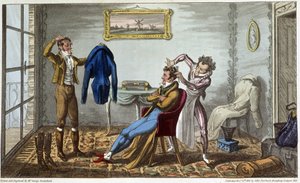Tailleur et coiffeur à domicile - David Carey „" Élet Párizsban" című részében, ill. szerző: George Cruikshank, szerk. Fairburn, London alkotó: George Cruikshank