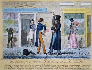 "Az utazás előnyei" vagy "Egy kis tanulás veszélyes dolog" alkotó: George Cruikshank