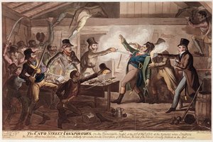 A Cato utcai összeesküvők, kocsma. G. Humphrey, 1820. március 9. (színes litó) alkotó: George Cruikshank