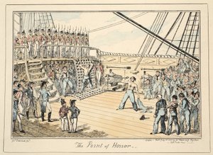 The Point of Honor, Greenwich Hospital, haditengerészeti vázlatok sorozata, Egy háborús ember életének leírása, kocsma. 1825 (kézzel színezett metszet) alkotó: George Cruikshank